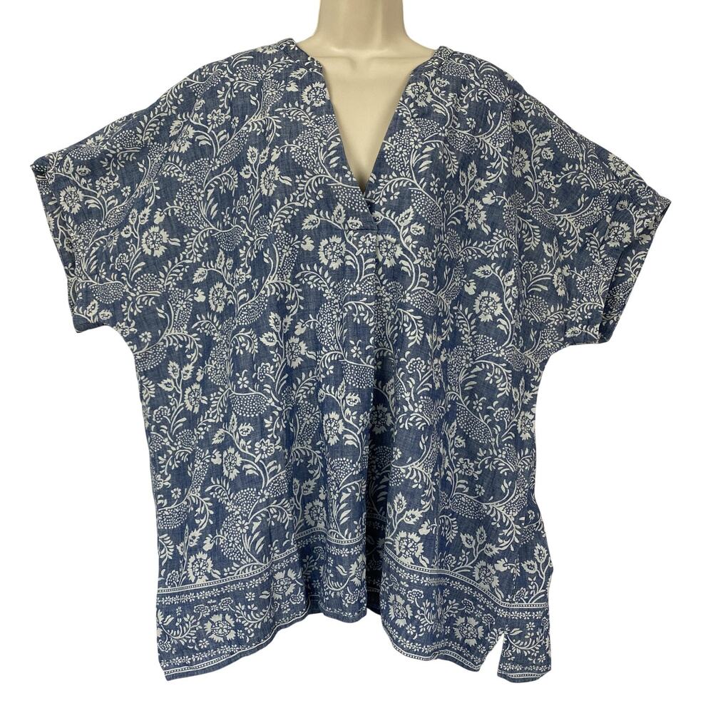 Lands' End Navy and White Floral V-Neck Cotton Blouse